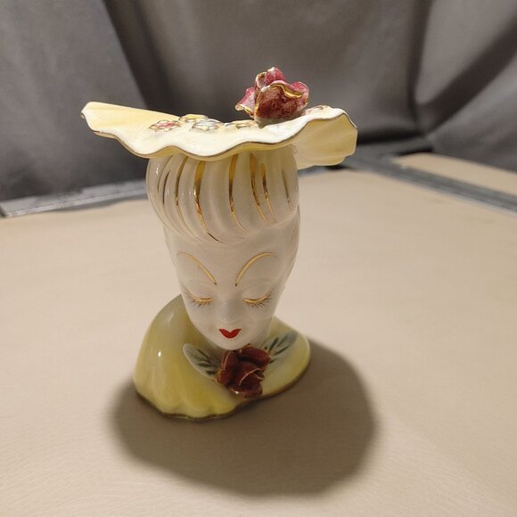 Lefton Japan Lady Head Vase 1950 Porcelain Decor Vintage Flowers Bow MCM Crazing - Picture 8 of 8